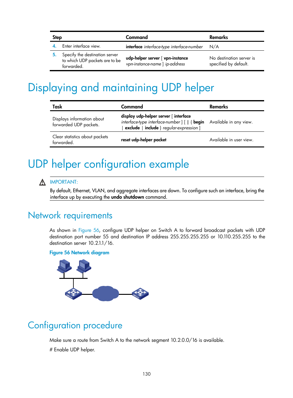 Displaying and maintaining udp helper, Udp helper configuration example, Network requirements | Configuration procedure | H3C Technologies H3C S12500 Series Switches User Manual | Page 144 / 249