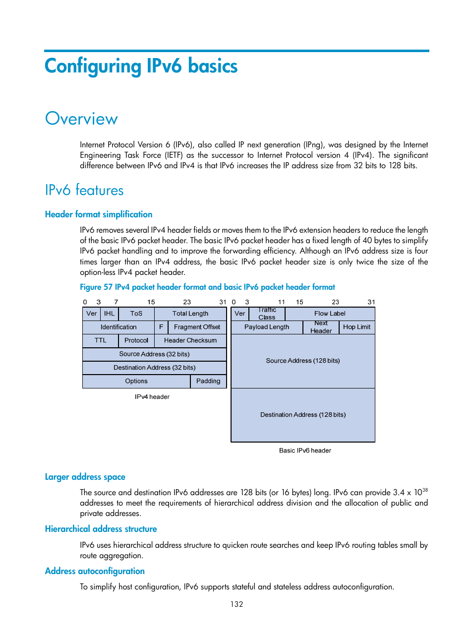Configuring ipv6 basics, Overview, Ipv6 features | Header format simplification, Larger address space, Hierarchical address structure, Address autoconfiguration | H3C Technologies H3C S12500 Series Switches User Manual | Page 146 / 249