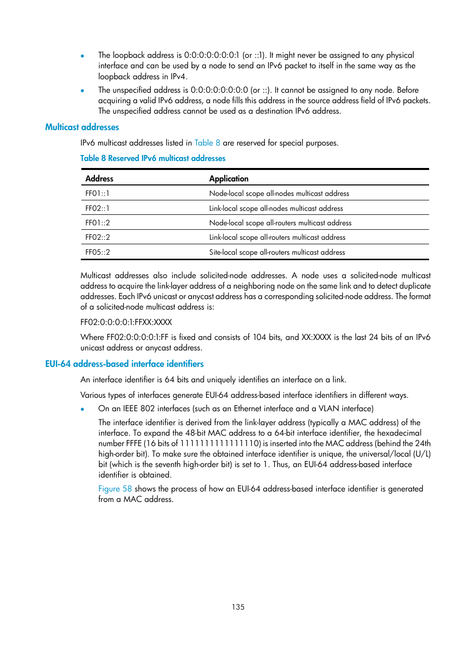Multicast addresses, Eui-64 address-based interface identifiers | H3C Technologies H3C S12500 Series Switches User Manual | Page 149 / 249