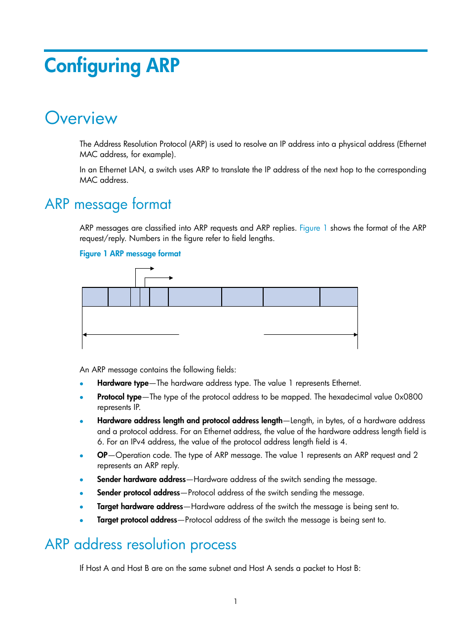 Configuring arp, Overview, Arp message format | Arp address resolution process | H3C Technologies H3C S12500 Series Switches User Manual | Page 15 / 249