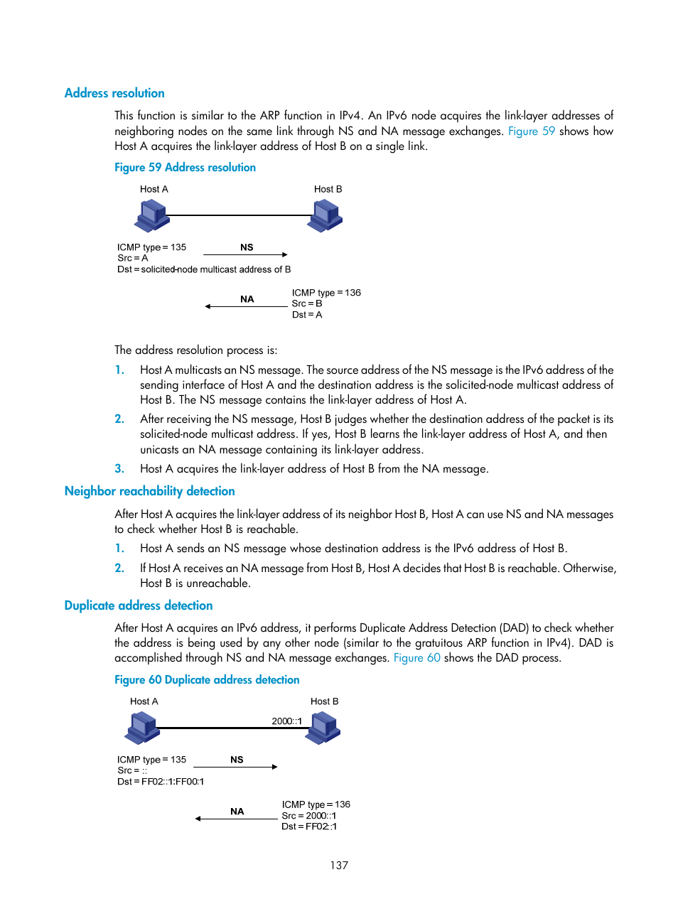 Address resolution, Neighbor reachability detection, Duplicate address detection | H3C Technologies H3C S12500 Series Switches User Manual | Page 151 / 249