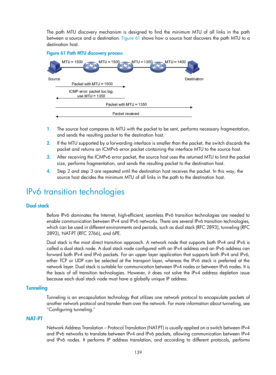 Ipv6 transition technologies, Dual stack, Tunneling | Nat-pt | H3C Technologies H3C S12500 Series Switches User Manual | Page 153 / 249