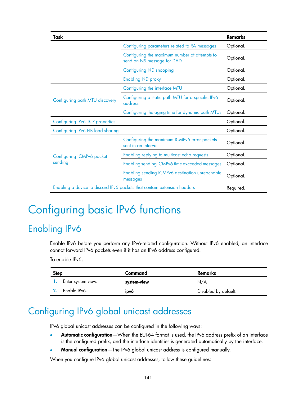 Configuring basic ipv6 functions, Enabling ipv6, Configuring ipv6 global unicast addresses | H3C Technologies H3C S12500 Series Switches User Manual | Page 155 / 249