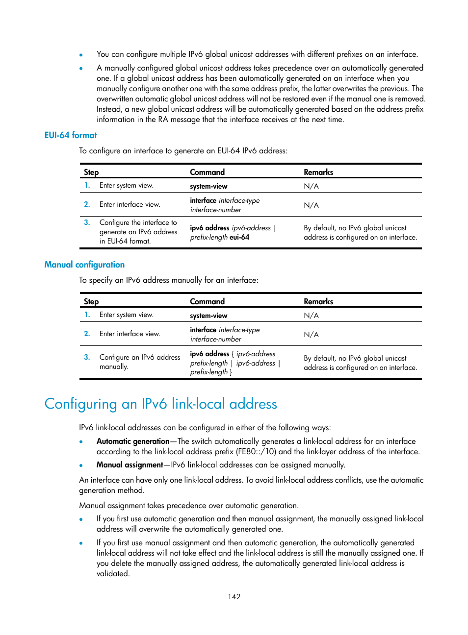 Eui-64 format, Manual configuration, Configuring an ipv6 link-local address | H3C Technologies H3C S12500 Series Switches User Manual | Page 156 / 249