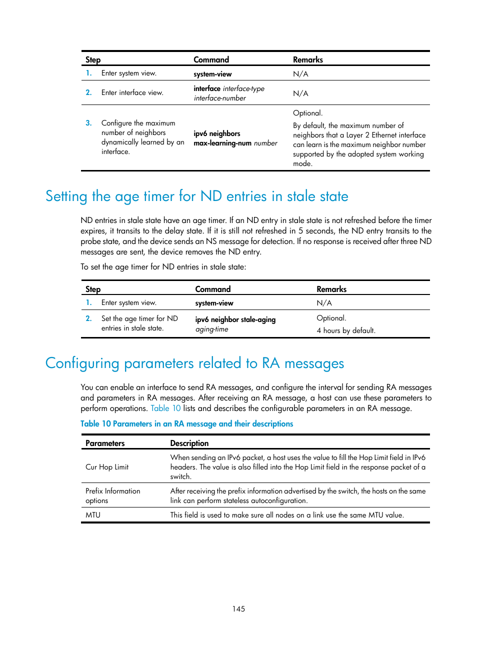 Configuring parameters related to ra messages | H3C Technologies H3C S12500 Series Switches User Manual | Page 159 / 249