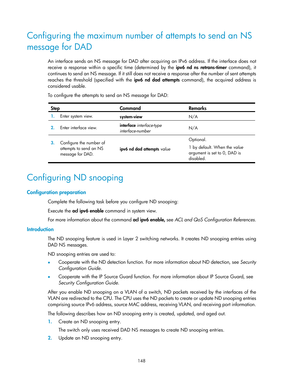 Configuring nd snooping, Configuration preparation, Introduction | H3C Technologies H3C S12500 Series Switches User Manual | Page 162 / 249