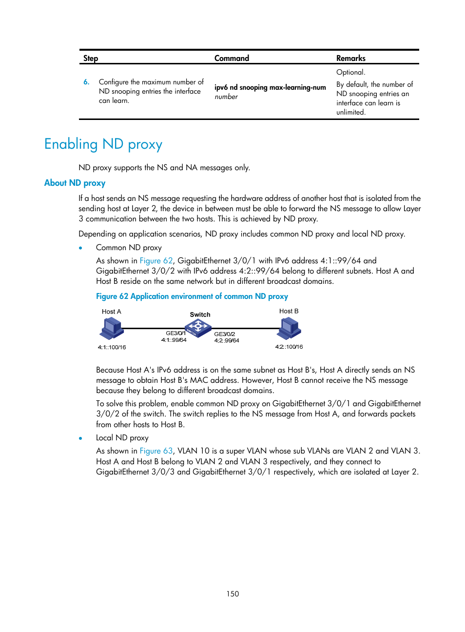 Enabling nd proxy, About nd proxy | H3C Technologies H3C S12500 Series Switches User Manual | Page 164 / 249