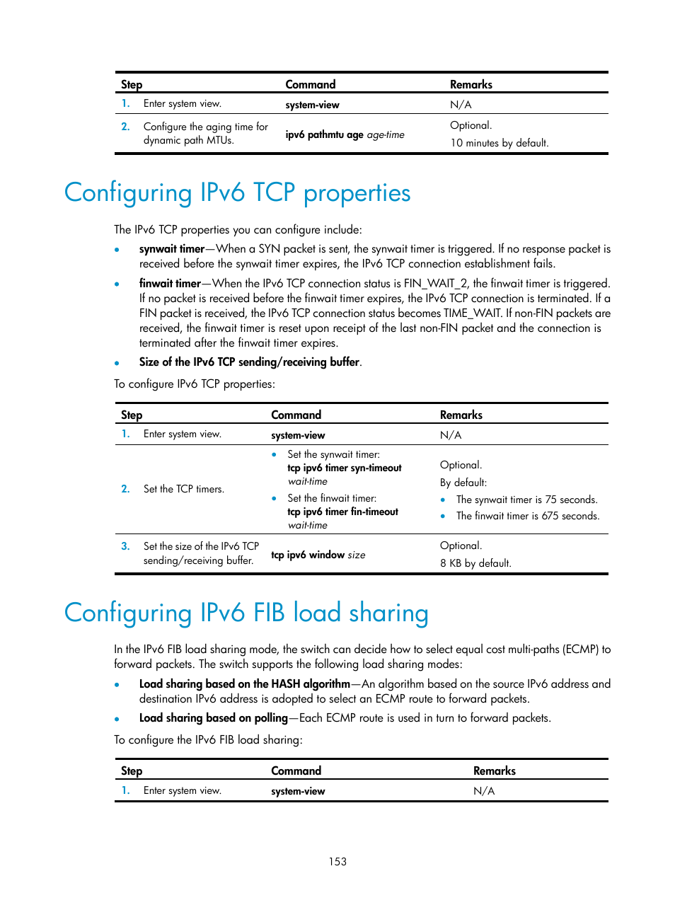 Configuring ipv6 tcp properties, Configuring ipv6 fib load sharing | H3C Technologies H3C S12500 Series Switches User Manual | Page 167 / 249