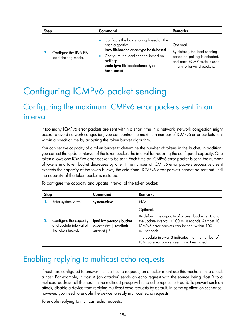 Configuring icmpv6 packet sending, Enabling replying to multicast echo requests | H3C Technologies H3C S12500 Series Switches User Manual | Page 168 / 249