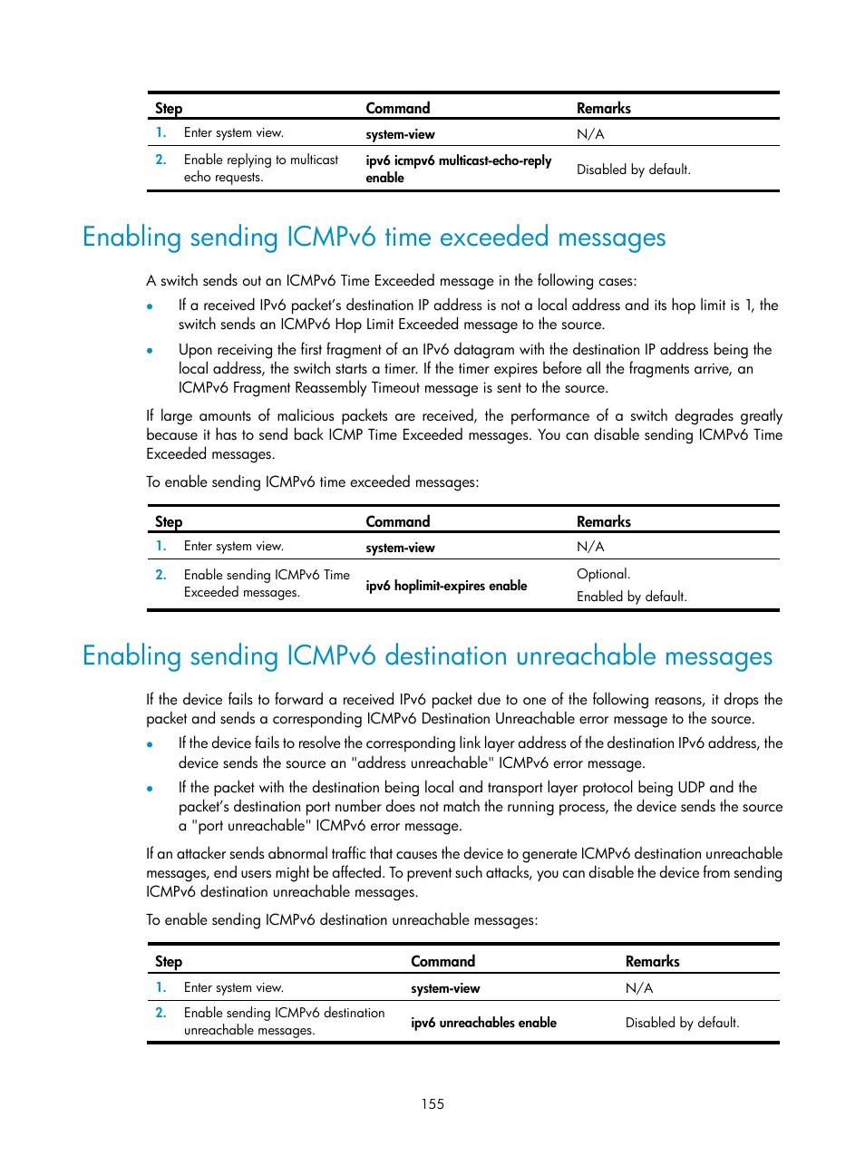 Enabling sending icmpv6 time exceeded messages | H3C Technologies H3C S12500 Series Switches User Manual | Page 169 / 249