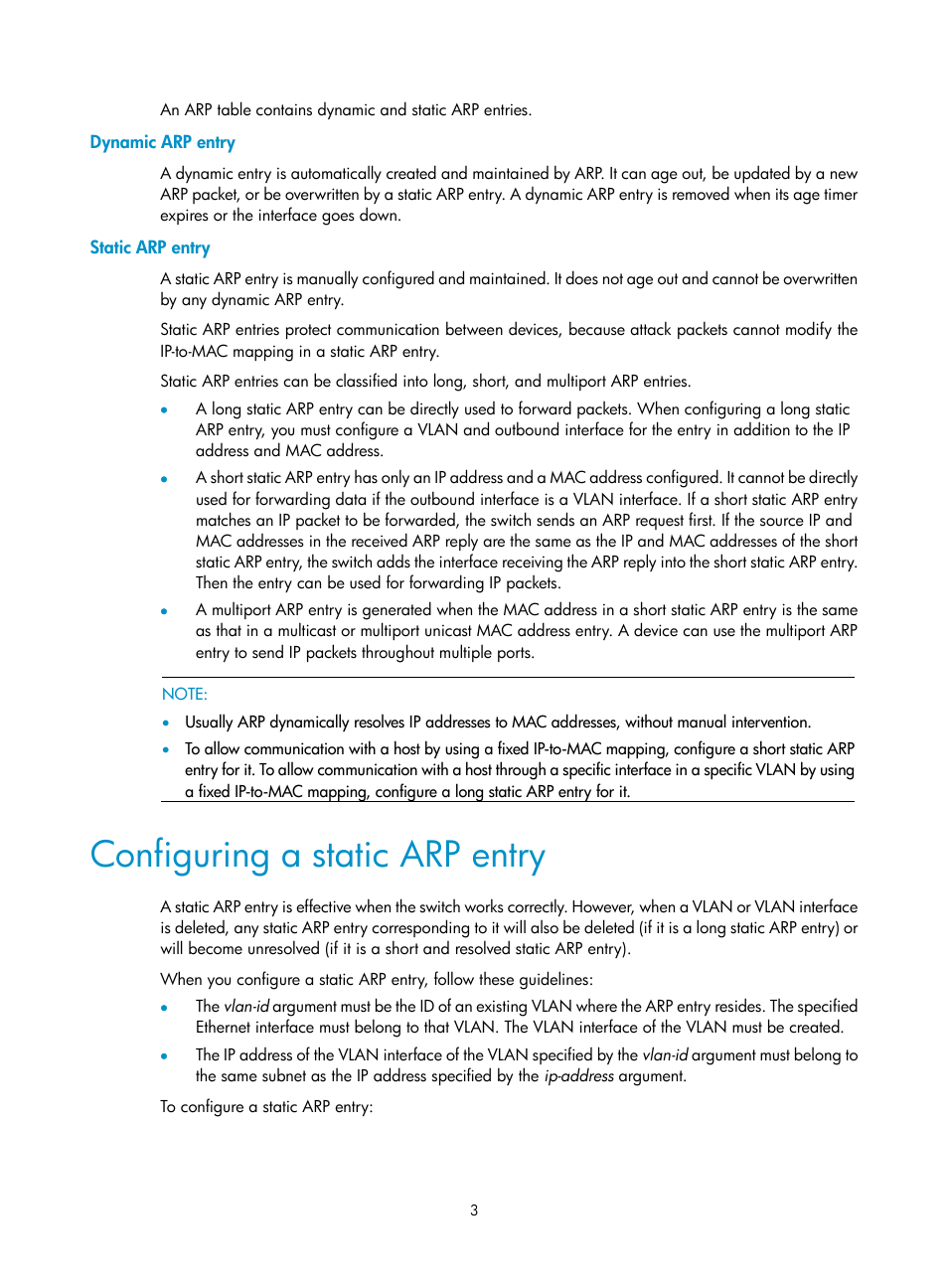 Dynamic arp entry, Static arp entry, Configuring a static arp entry | H3C Technologies H3C S12500 Series Switches User Manual | Page 17 / 249