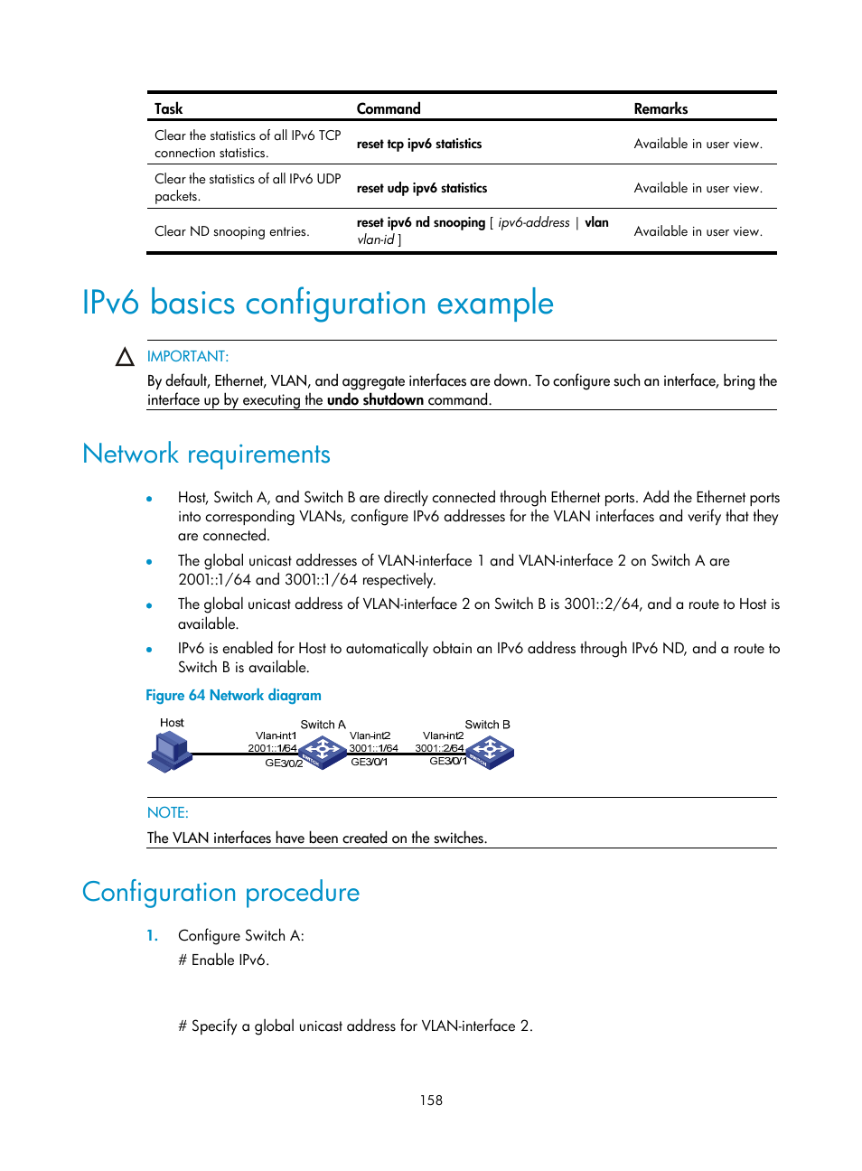 Ipv6 basics configuration example, Network requirements, Configuration procedure | H3C Technologies H3C S12500 Series Switches User Manual | Page 172 / 249