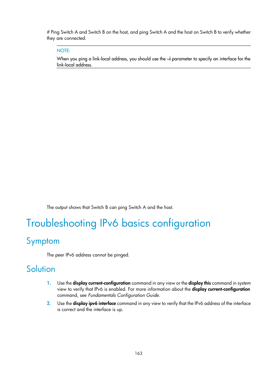 Troubleshooting ipv6 basics configuration, Symptom, Solution | H3C Technologies H3C S12500 Series Switches User Manual | Page 177 / 249