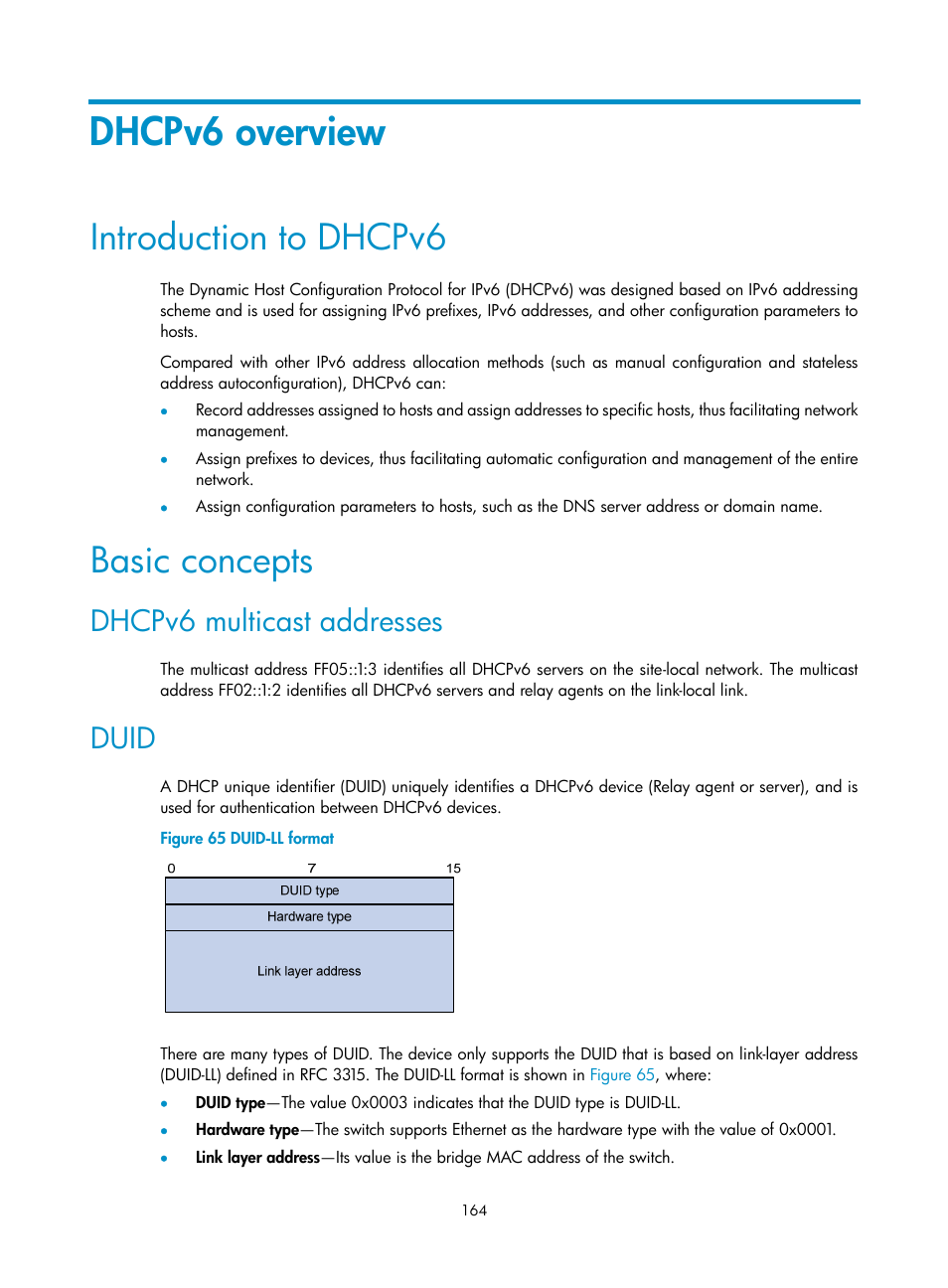 Dhcpv6 overview, Introduction to dhcpv6, Basic concepts | Dhcpv6 multicast addresses, Duid | H3C Technologies H3C S12500 Series Switches User Manual | Page 178 / 249