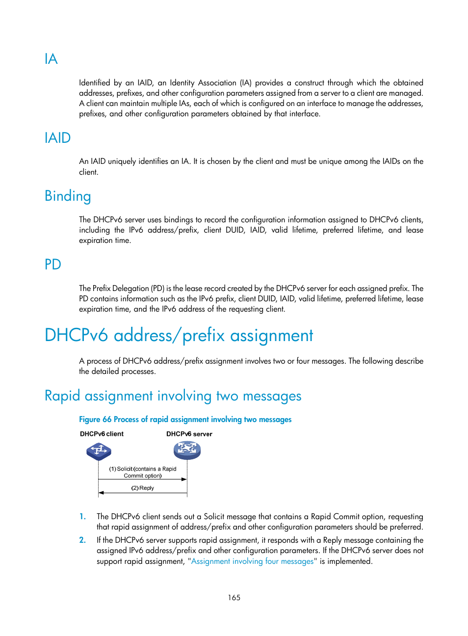 Iaid, Binding, Dhcpv6 address/prefix assignment | Rapid assignment involving two messages | H3C Technologies H3C S12500 Series Switches User Manual | Page 179 / 249