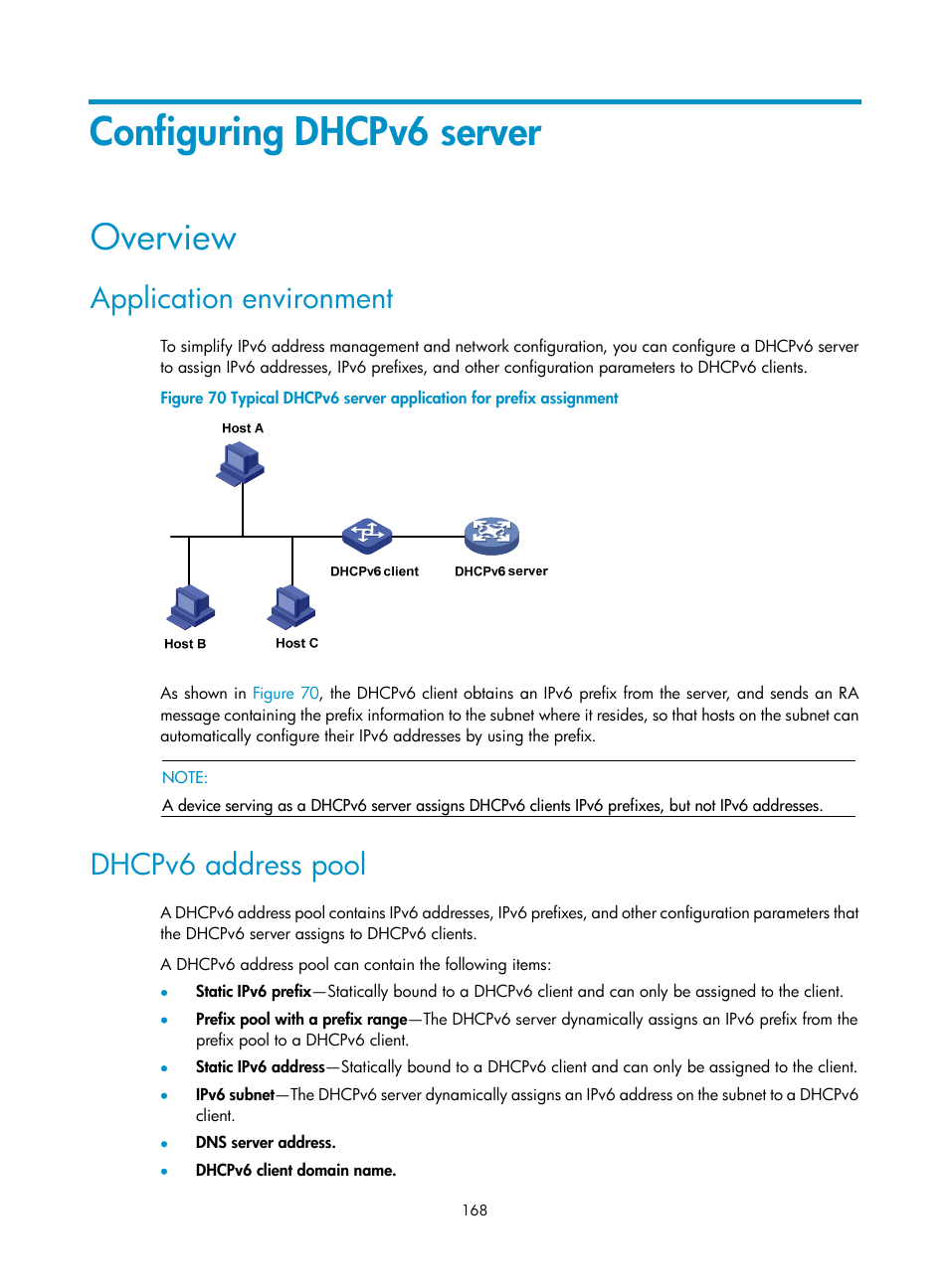 Configuring dhcpv6 server, Overview, Application environment | Dhcpv6 address pool | H3C Technologies H3C S12500 Series Switches User Manual | Page 182 / 249