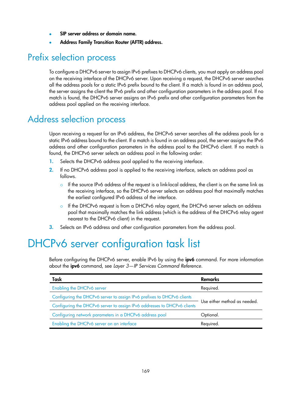 Prefix selection process, Address selection process, Dhcpv6 server configuration task list | H3C Technologies H3C S12500 Series Switches User Manual | Page 183 / 249