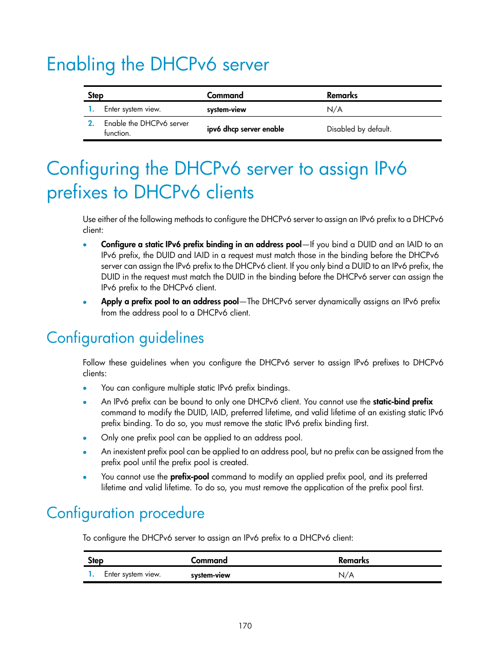 Enabling the dhcpv6 server, Configuration guidelines, Configuration procedure | H3C Technologies H3C S12500 Series Switches User Manual | Page 184 / 249