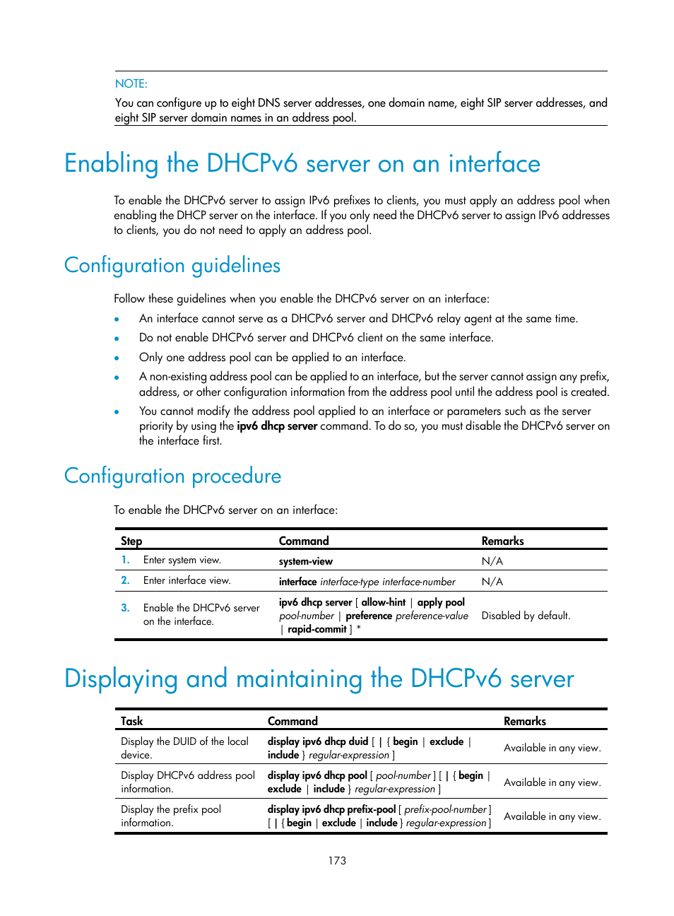 Enabling the dhcpv6 server on an interface, Configuration guidelines, Configuration procedure | Displaying and maintaining the dhcpv6 server | H3C Technologies H3C S12500 Series Switches User Manual | Page 187 / 249