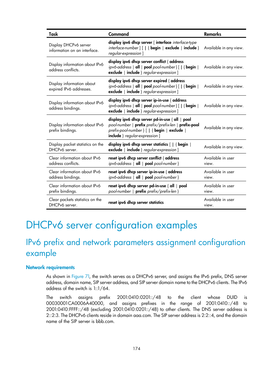 Dhcpv6 server configuration examples, Network requirements | H3C Technologies H3C S12500 Series Switches User Manual | Page 188 / 249