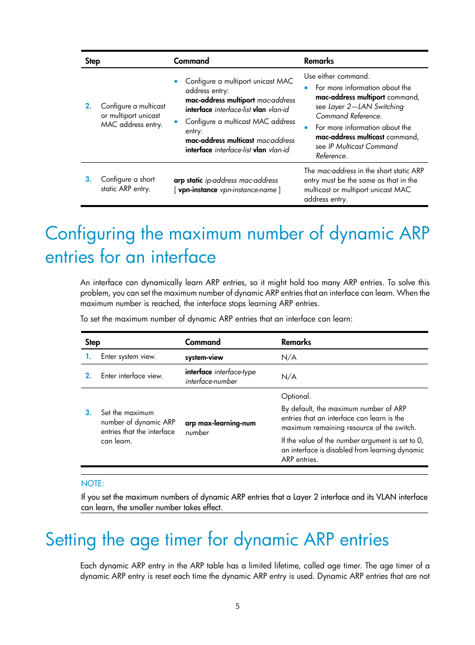 Setting the age timer for dynamic arp entries | H3C Technologies H3C S12500 Series Switches User Manual | Page 19 / 249