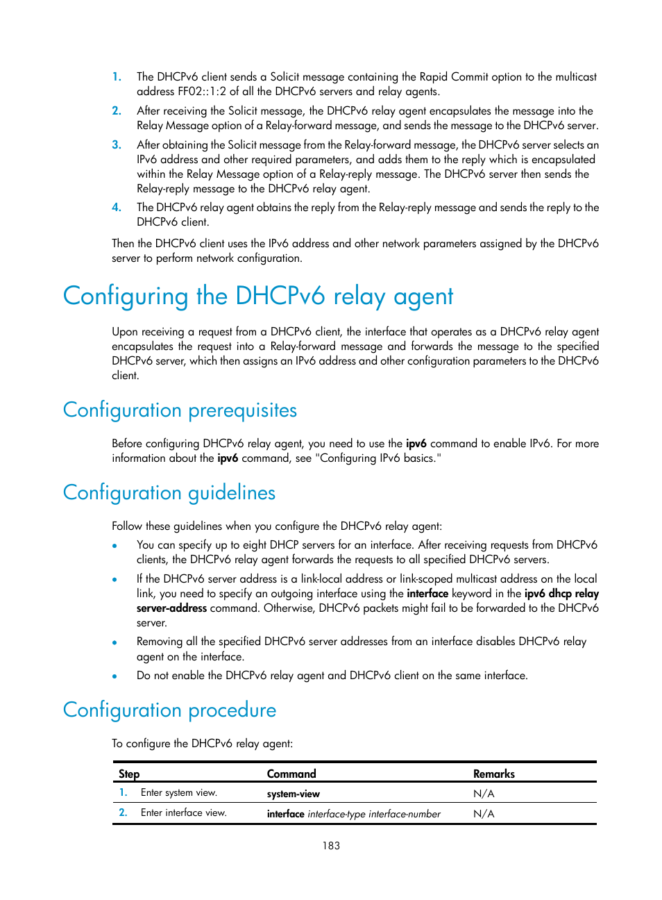 Configuring the dhcpv6 relay agent, Configuration prerequisites, Configuration guidelines | Configuration procedure | H3C Technologies H3C S12500 Series Switches User Manual | Page 197 / 249