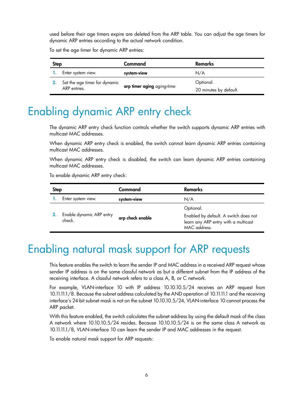 Enabling dynamic arp entry check, Enabling natural mask support for arp requests | H3C Technologies H3C S12500 Series Switches User Manual | Page 20 / 249