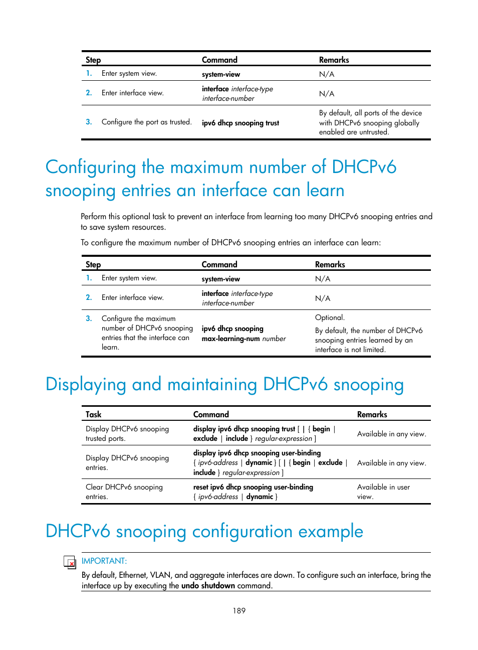 Displaying and maintaining dhcpv6 snooping, Dhcpv6 snooping configuration example | H3C Technologies H3C S12500 Series Switches User Manual | Page 203 / 249