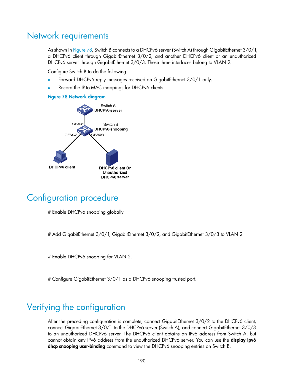 Network requirements, Configuration procedure, Verifying the configuration | H3C Technologies H3C S12500 Series Switches User Manual | Page 204 / 249