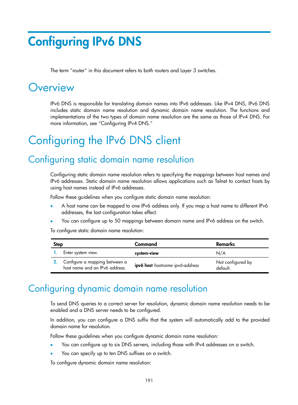 Configuring ipv6 dns, Overview, Configuring the ipv6 dns client | Configuring static domain name resolution, Configuring dynamic domain name resolution | H3C Technologies H3C S12500 Series Switches User Manual | Page 205 / 249