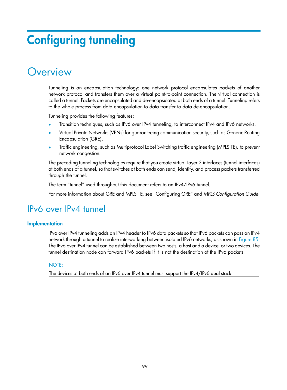 Configuring tunneling, Overview, Ipv6 over ipv4 tunnel | Implementation | H3C Technologies H3C S12500 Series Switches User Manual | Page 213 / 249