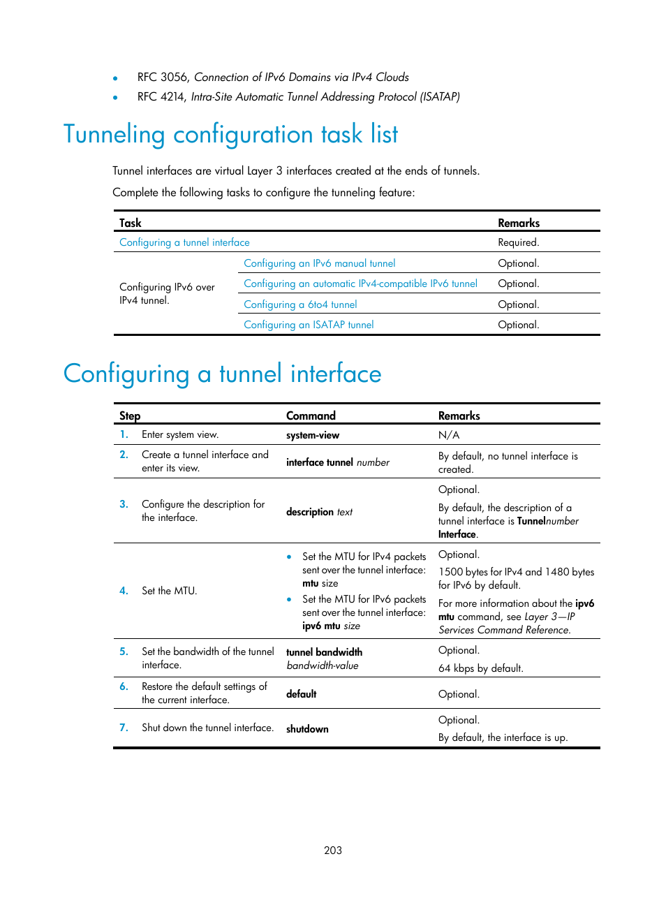 Tunneling configuration task list, Configuring a tunnel interface | H3C Technologies H3C S12500 Series Switches User Manual | Page 217 / 249