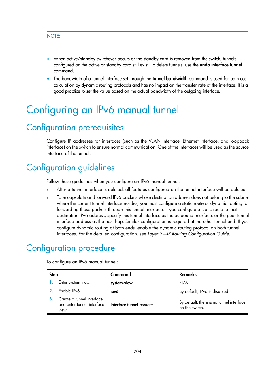 Configuring an ipv6 manual tunnel, Configuration prerequisites, Configuration guidelines | Configuration procedure | H3C Technologies H3C S12500 Series Switches User Manual | Page 218 / 249