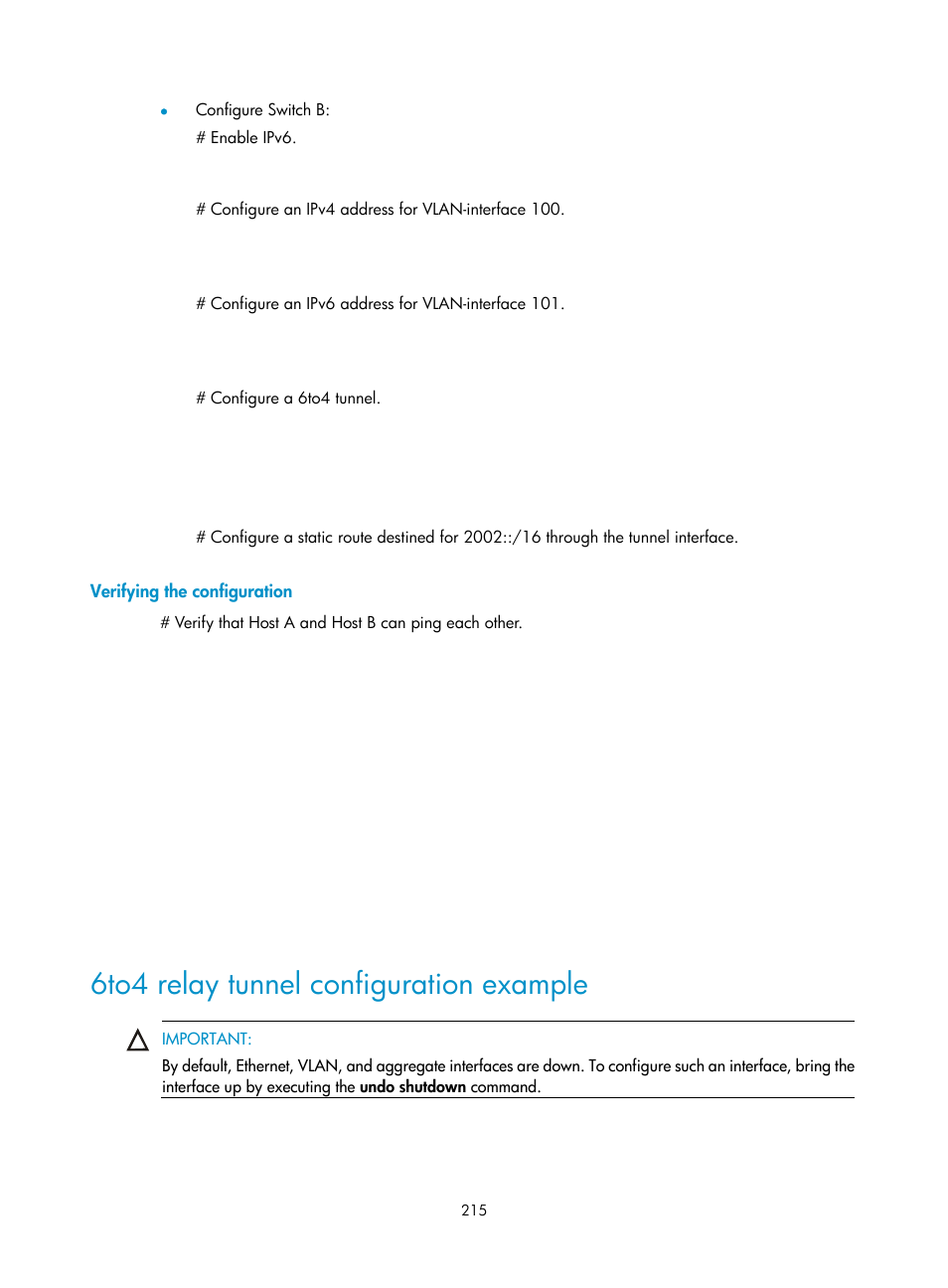 Verifying the configuration, 6to4 relay tunnel configuration example | H3C Technologies H3C S12500 Series Switches User Manual | Page 229 / 249