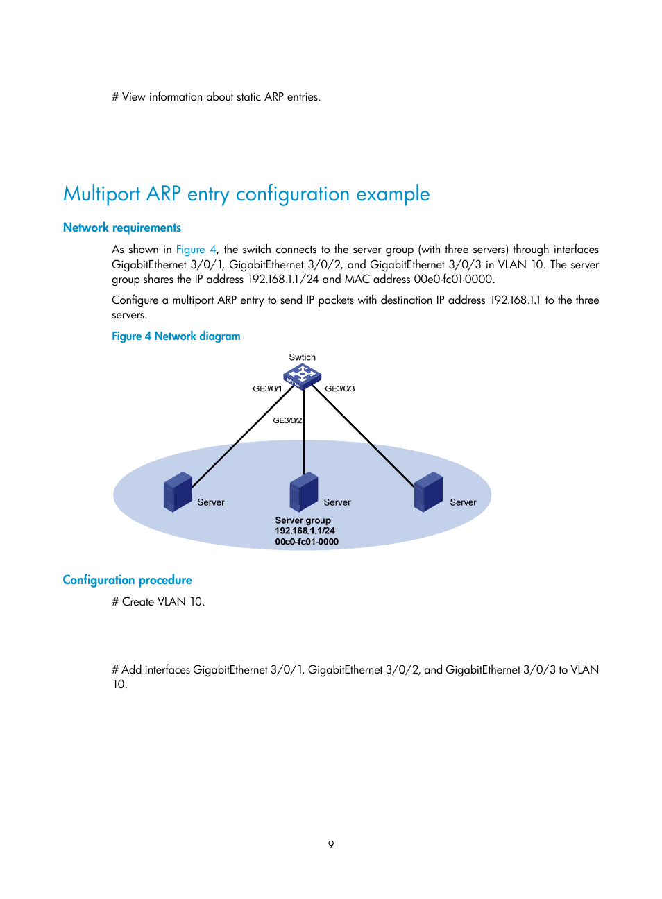 Multiport arp entry configuration example, Network requirements, Configuration procedure | H3C Technologies H3C S12500 Series Switches User Manual | Page 23 / 249