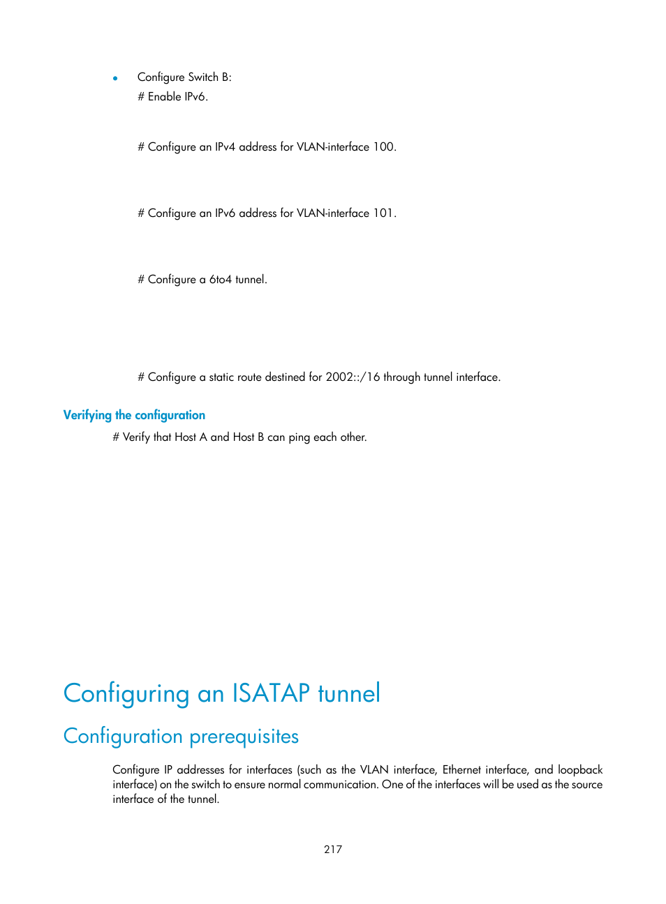 Verifying the configuration, Configuring an isatap tunnel, Configuration prerequisites | H3C Technologies H3C S12500 Series Switches User Manual | Page 231 / 249