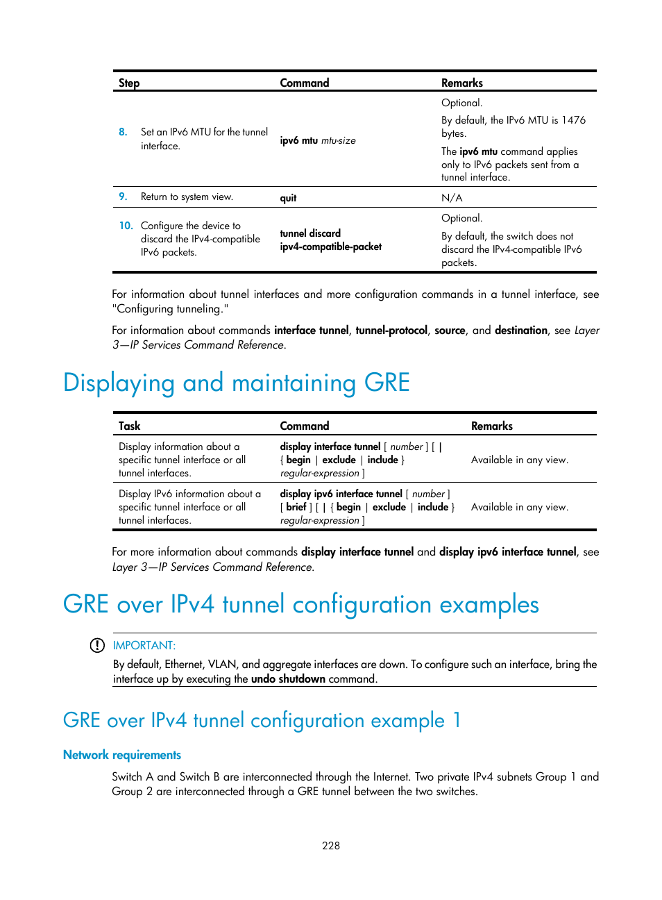 Displaying and maintaining gre, Gre over ipv4 tunnel configuration examples, Gre over ipv4 tunnel configuration example 1 | Network requirements | H3C Technologies H3C S12500 Series Switches User Manual | Page 242 / 249