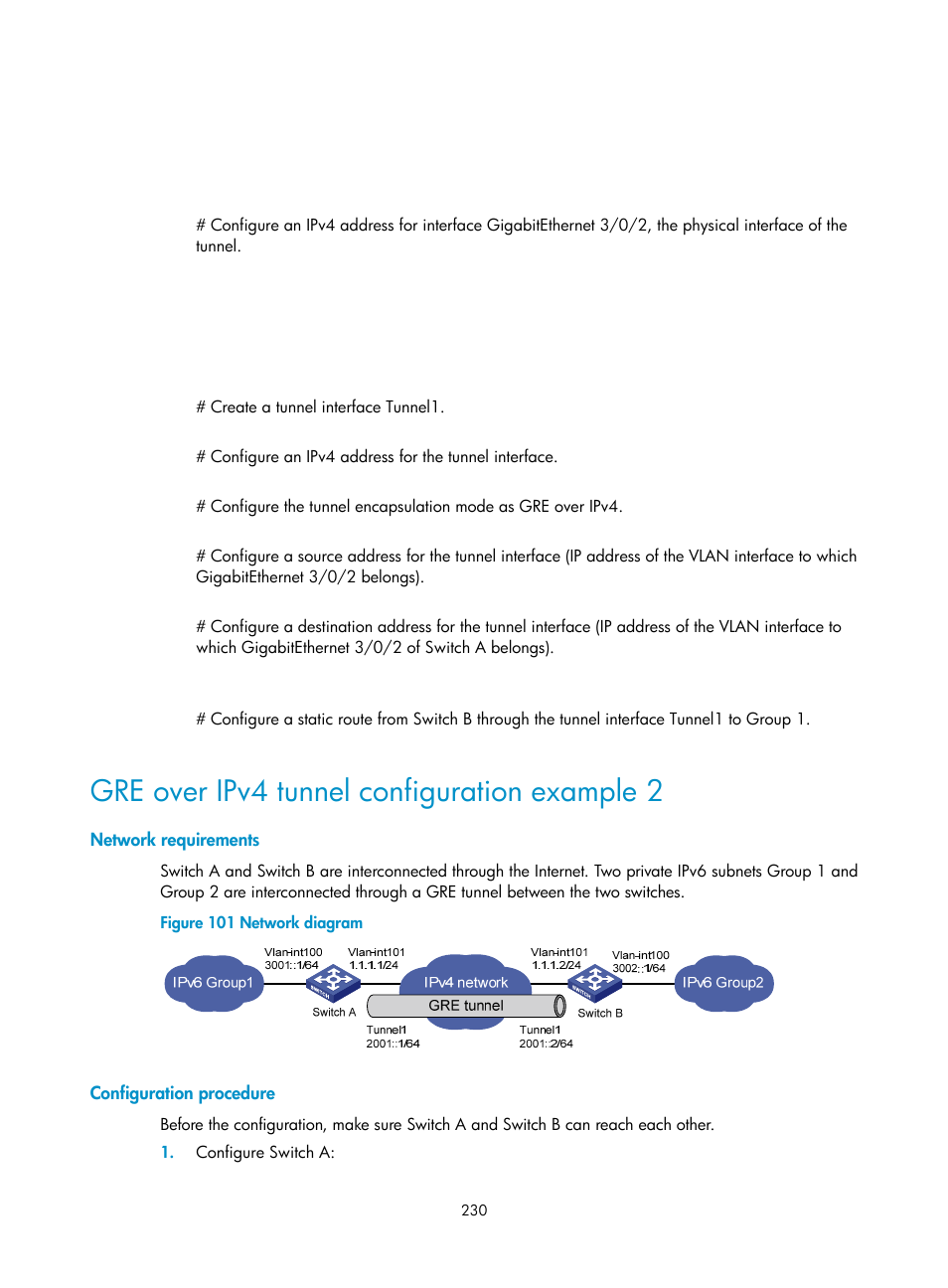Gre over ipv4 tunnel configuration example 2, Network requirements, Configuration procedure | H3C Technologies H3C S12500 Series Switches User Manual | Page 244 / 249