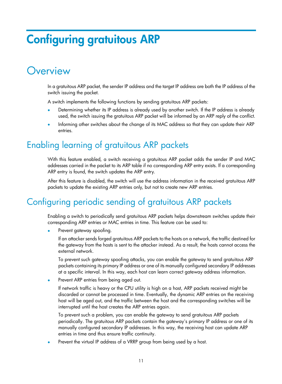 Configuring gratuitous arp, Overview, Enabling learning of gratuitous arp packets | H3C Technologies H3C S12500 Series Switches User Manual | Page 25 / 249