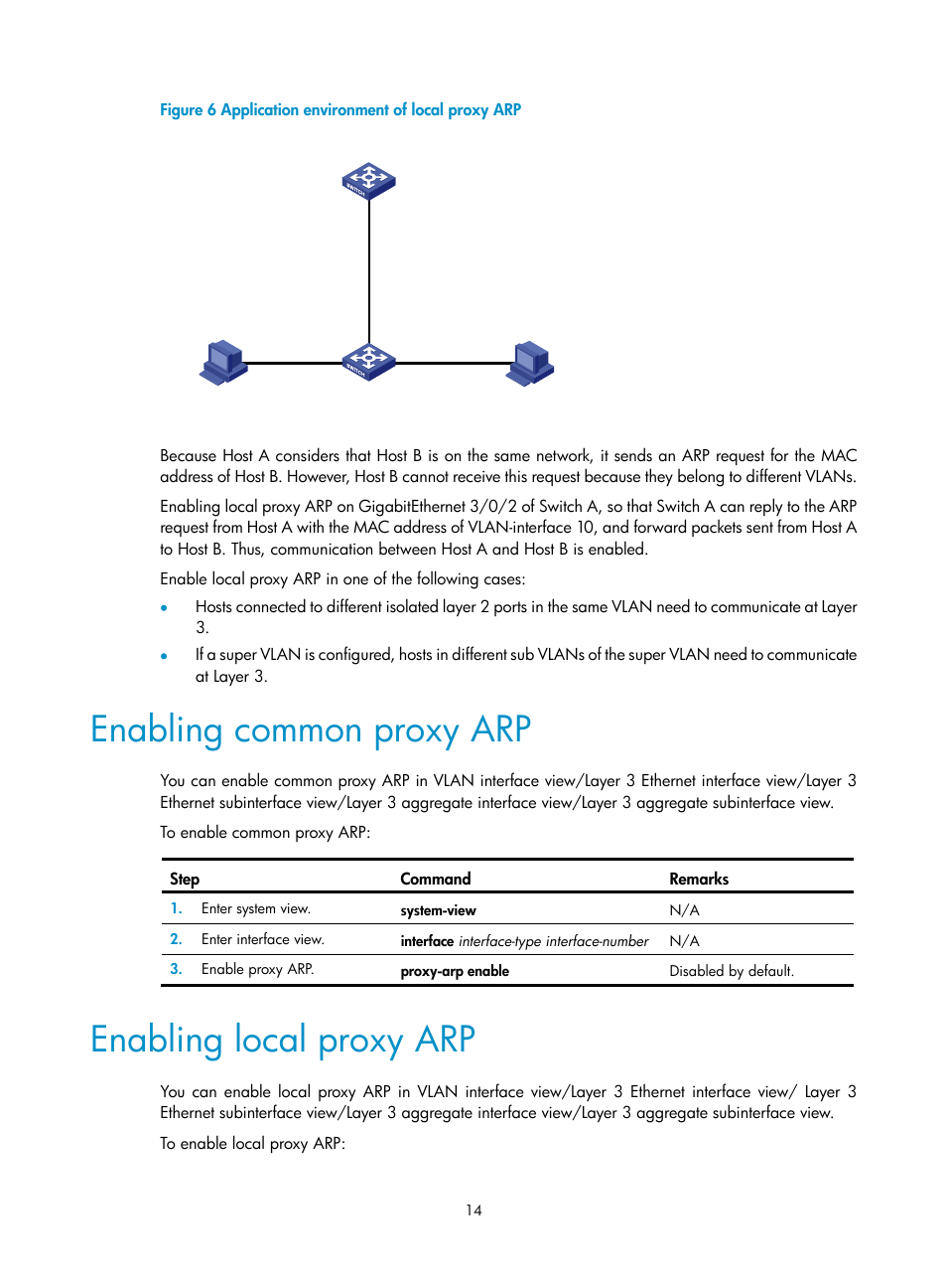 Enabling common proxy arp, Enabling local proxy arp | H3C Technologies H3C S12500 Series Switches User Manual | Page 28 / 249