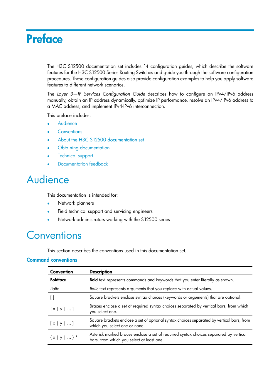 Preface, Audience, Conventions | Command conventions | H3C Technologies H3C S12500 Series Switches User Manual | Page 3 / 249