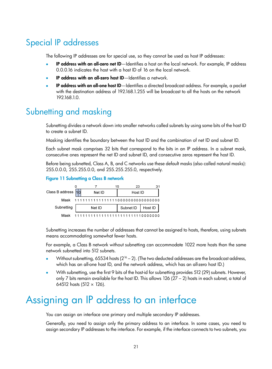 Special ip addresses, Subnetting and masking, Assigning an ip address to an interface | H3C Technologies H3C S12500 Series Switches User Manual | Page 35 / 249