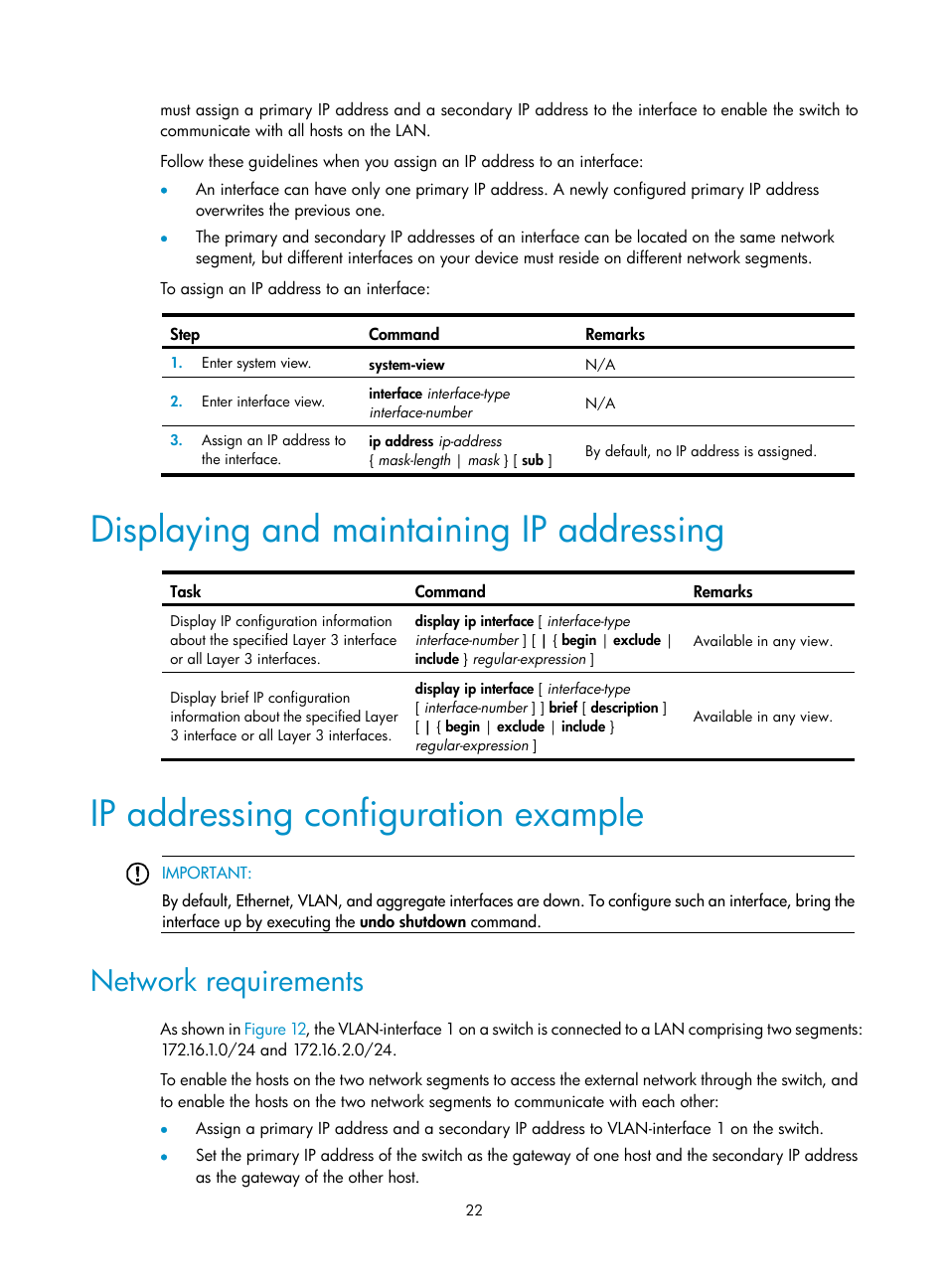 Displaying and maintaining ip addressing, Ip addressing configuration example, Network requirements | H3C Technologies H3C S12500 Series Switches User Manual | Page 36 / 249