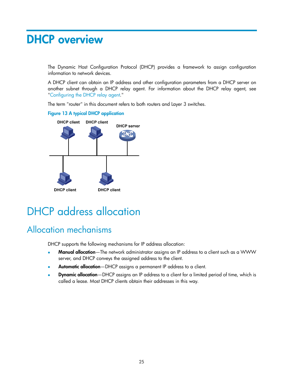 Dhcp overview, Dhcp address allocation, Allocation mechanisms | H3C Technologies H3C S12500 Series Switches User Manual | Page 39 / 249