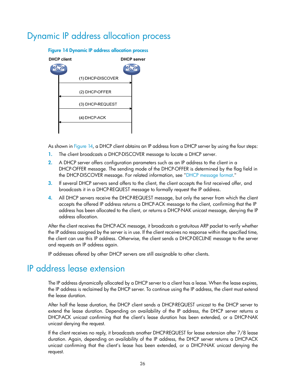 Dynamic ip address allocation process, Ip address lease extension | H3C Technologies H3C S12500 Series Switches User Manual | Page 40 / 249