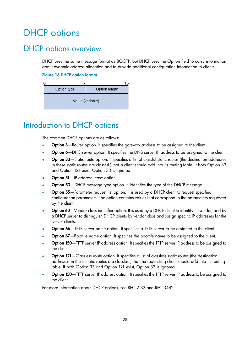 Dhcp options, Dhcp options overview, Introduction to dhcp options | H3C Technologies H3C S12500 Series Switches User Manual | Page 42 / 249