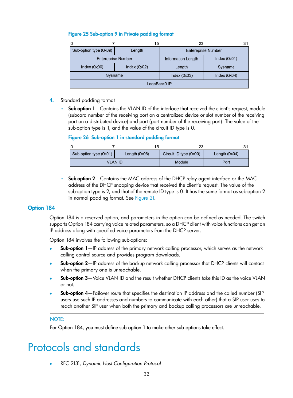 Option 184, Protocols and standards | H3C Technologies H3C S12500 Series Switches User Manual | Page 46 / 249