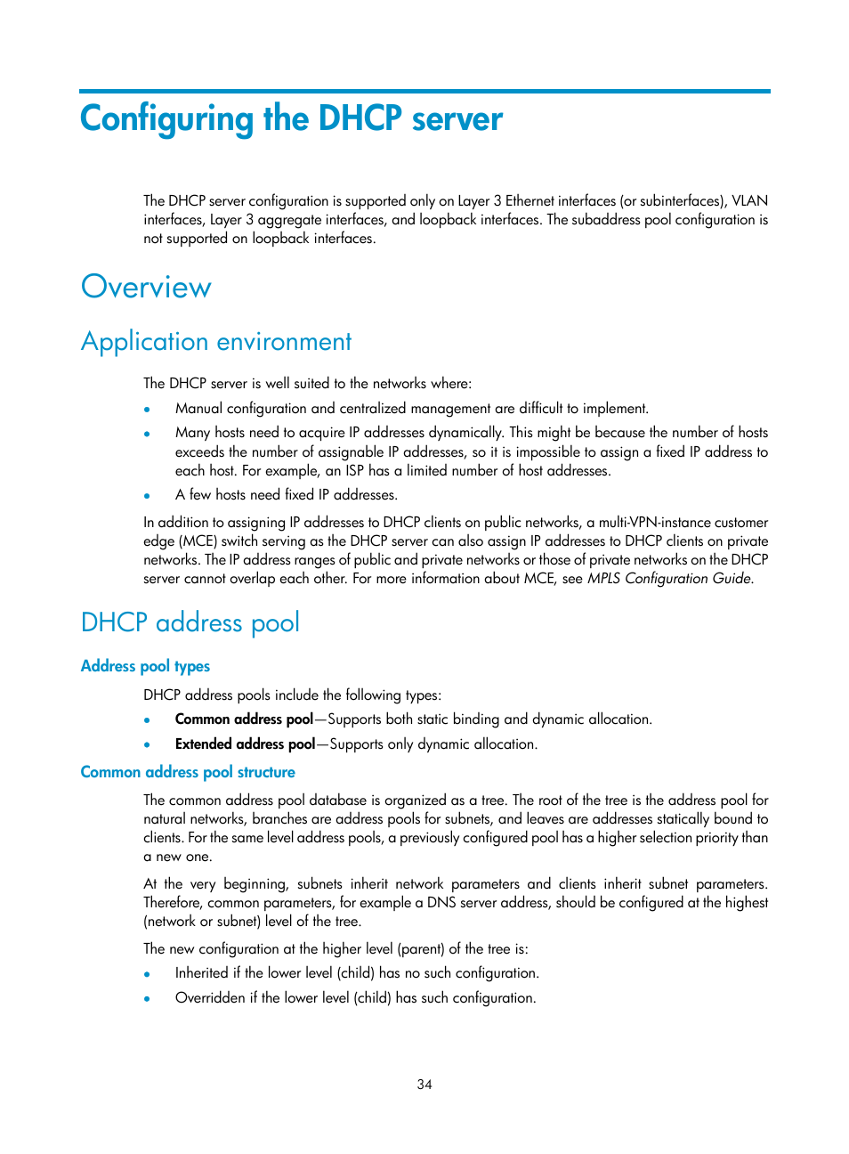 Configuring the dhcp server, Overview, Application environment | Dhcp address pool, Address pool types, Common address pool structure | H3C Technologies H3C S12500 Series Switches User Manual | Page 48 / 249