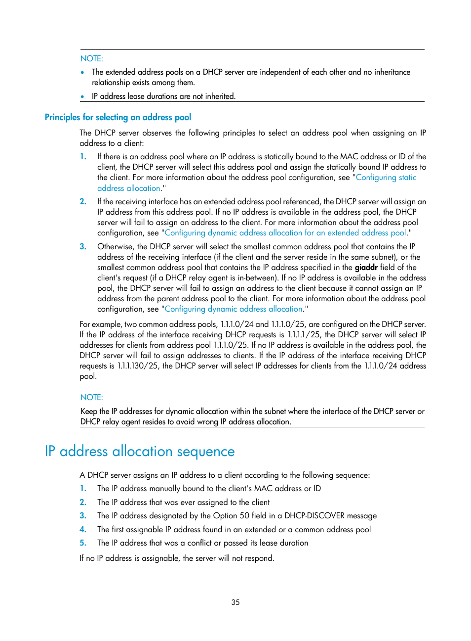 Principles for selecting an address pool, Ip address allocation sequence | H3C Technologies H3C S12500 Series Switches User Manual | Page 49 / 249