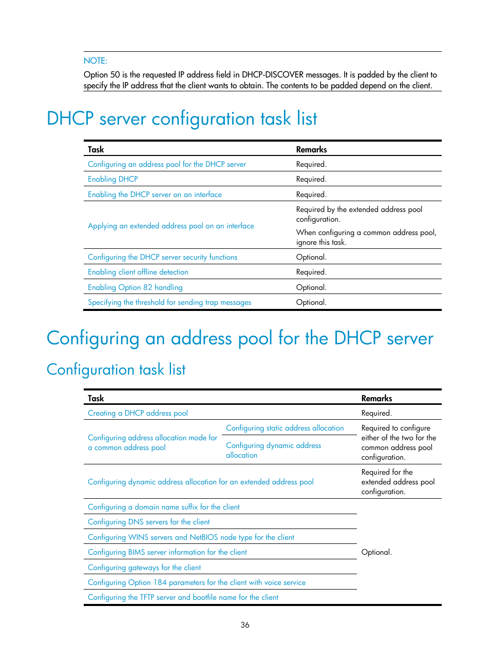 Dhcp server configuration task list, Configuring an address pool for the dhcp server, Configuration task list | H3C Technologies H3C S12500 Series Switches User Manual | Page 50 / 249